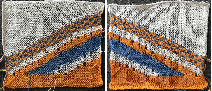 Working with diagonal patterning in machine knitting